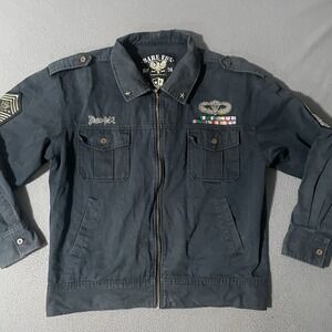 Vintage Bare Fox Military Full Zip Jacket Front Pocket Patches Graphic Print 3XL